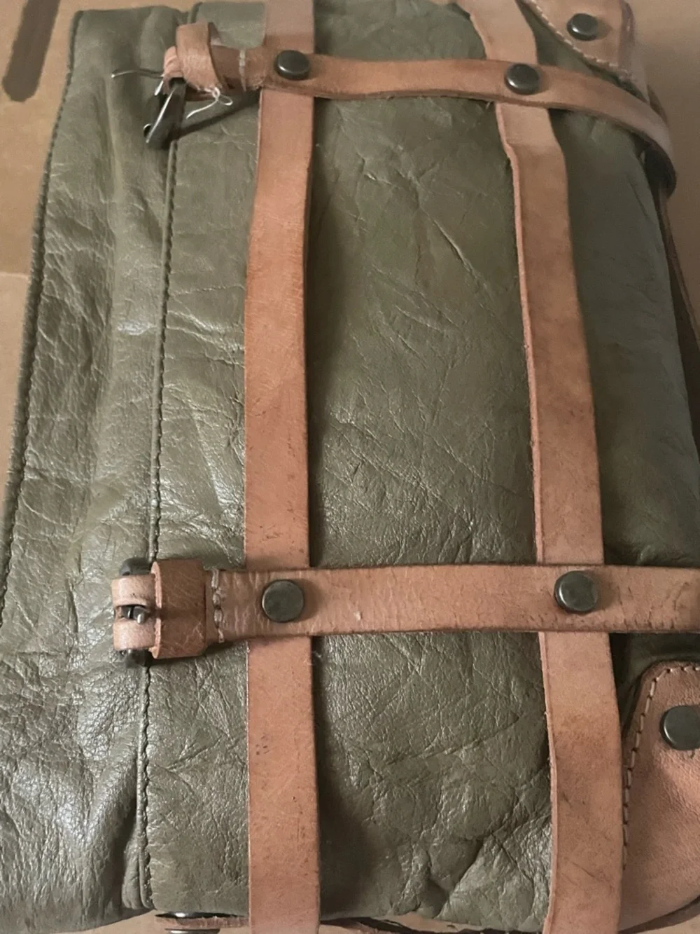 Free People Olive Green Messenger Bag with Tan Straps